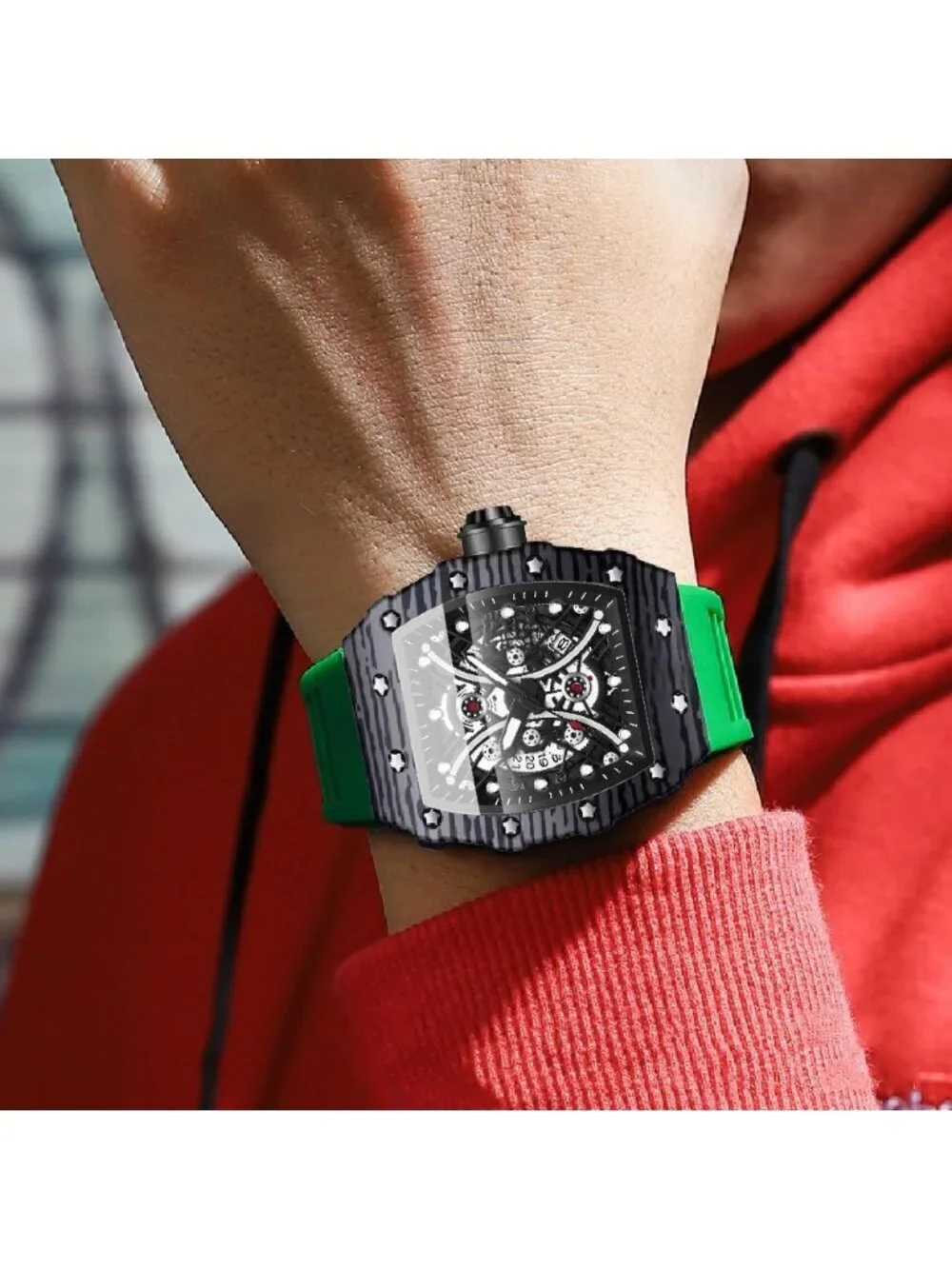 Men's Green And Black Analog Silicone Strap Barrel-Shaped Skeleton Luxury Watch